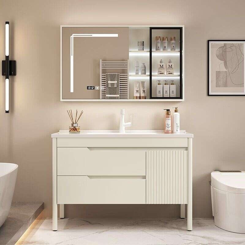 QW- Bathroom storage with oak wood gloss finish, smart mirror cabinet in the bathroom, bathroom sink set