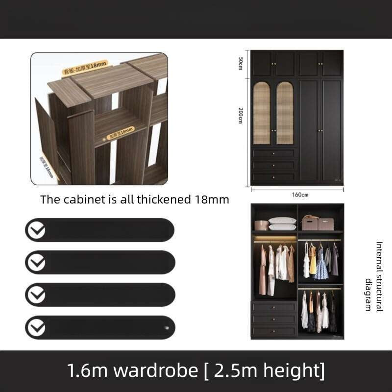 Black Real Wood Wardrobe with Rattan Doors for Home Bedroom small apartment American and French styles