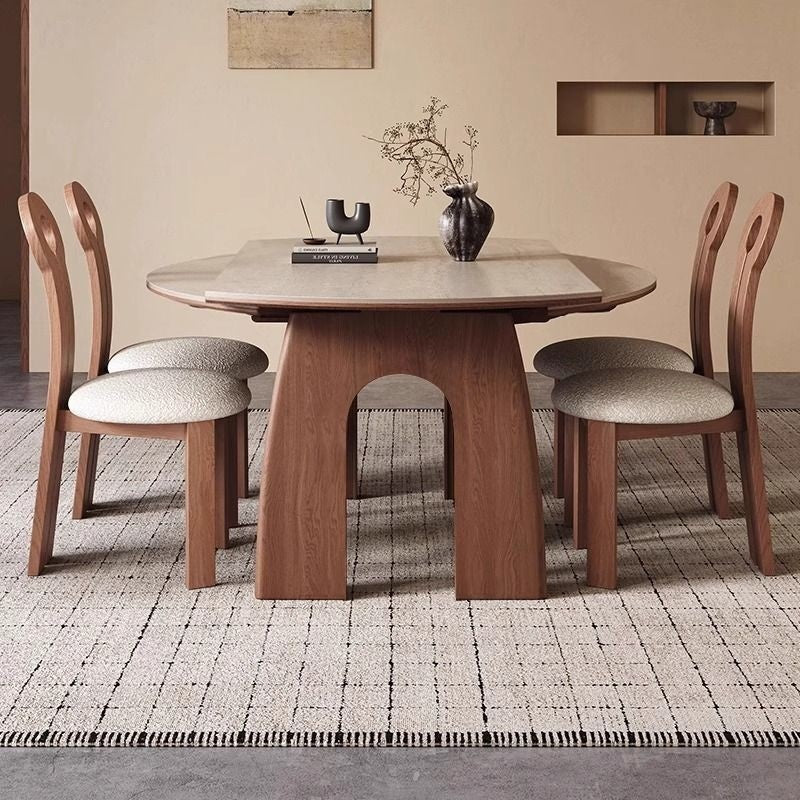 French-style dining table, expandable foldable, made from wood and granite, suitable for small rooms.