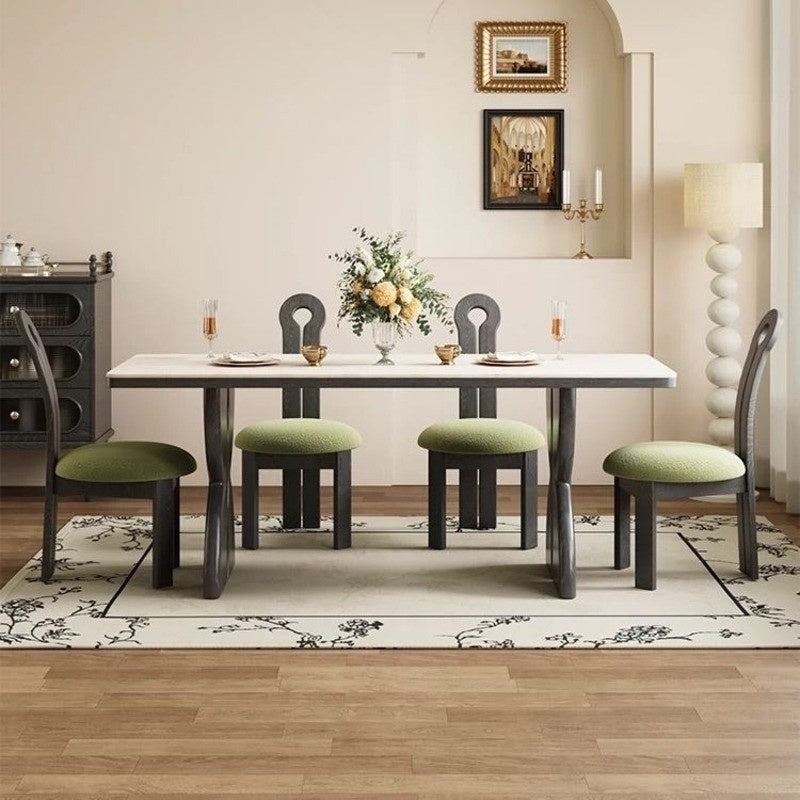 French style dining table set, elegant black granite, premium real wood, square shape for small homes.