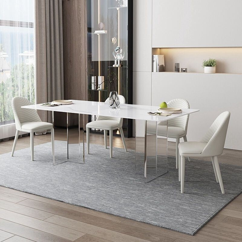 Modern dining table, floating style, minimalist design, acrylic or stone material, square shape, suitable for small homes.