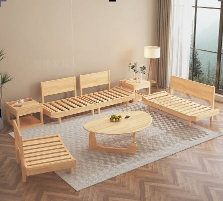 Nordic Full Set Solid Wood Sofa with Cloud Fabric, Simple Modern Living Room for Small Homes