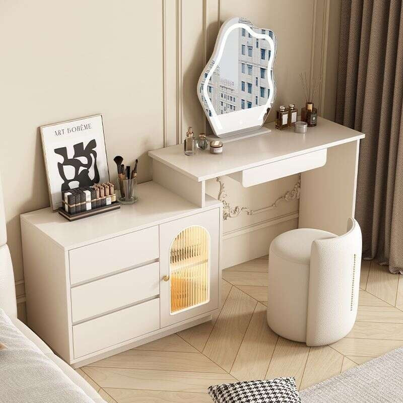 Colorless Solid Wood Dressing Table Cream style dressing in a simple bedroom. modern chest of drawers large capacity Integrated makeup table