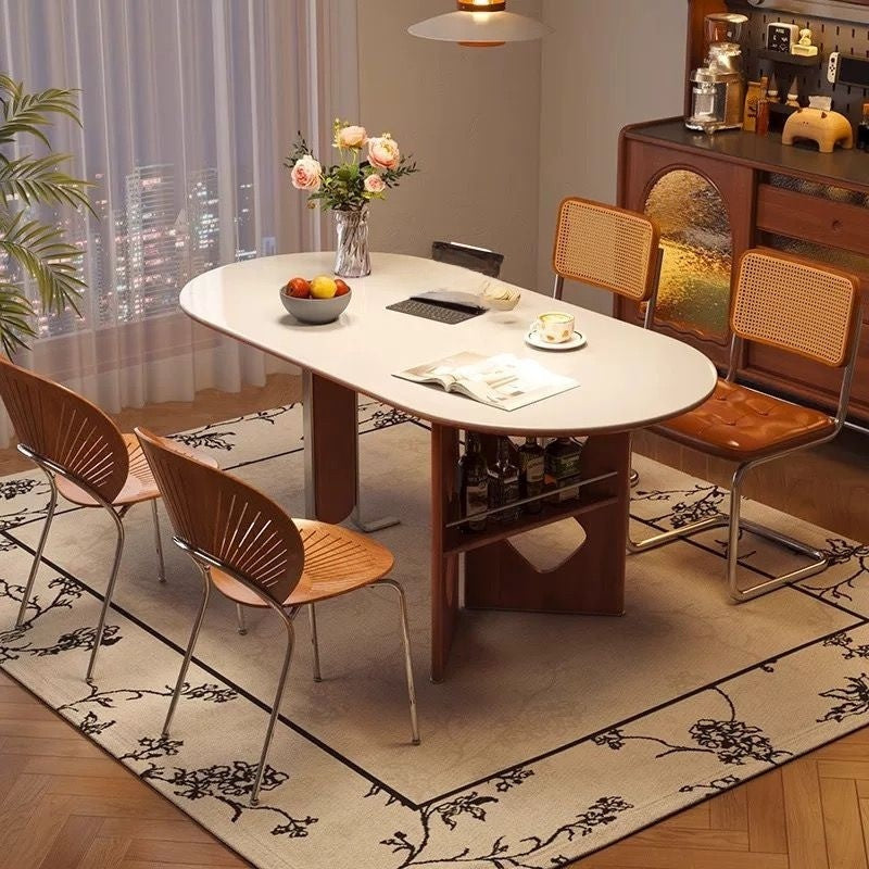 Nordic-French round dining table, cream tone, made from wood and granite. Modern classic style with chairs