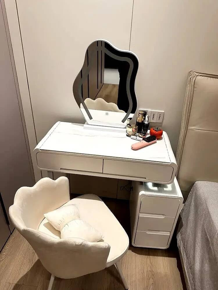 Modern Simple Bedroom Small Style Solid Wood Cream Wind Dressing Table with Smart Cabinet Mirror Chair