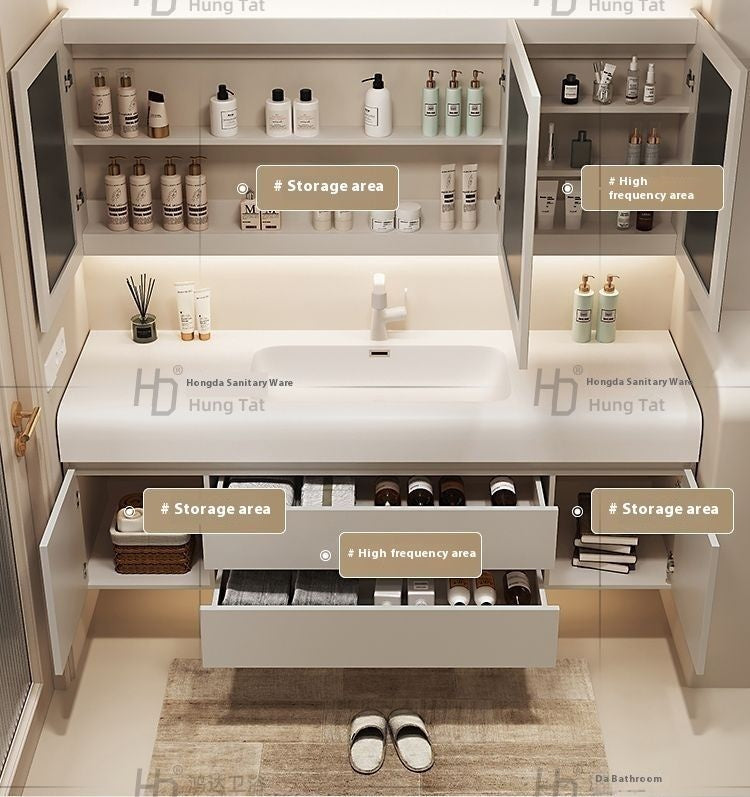ห้องน้ำสีครีมห้องน้ำตู้กระจกสมาร์ทห้องน้ำฮาร์ดแวร์หิน 