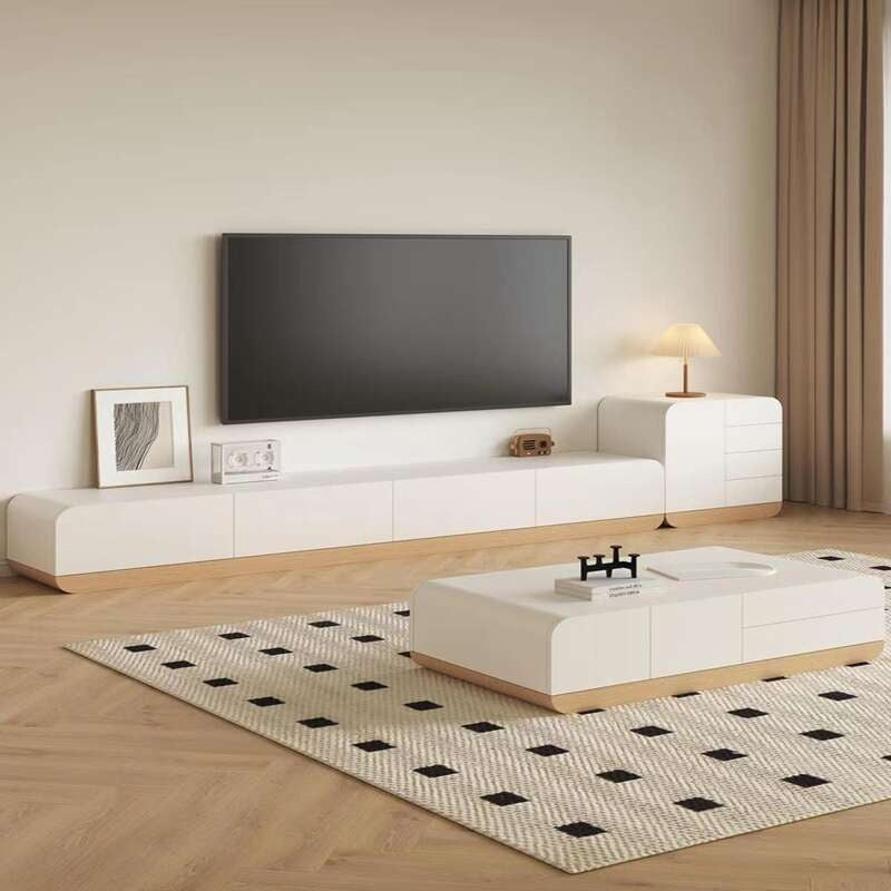 Set and coffee table made of solid wood, modern cream style, floor-standing TV cabinet
