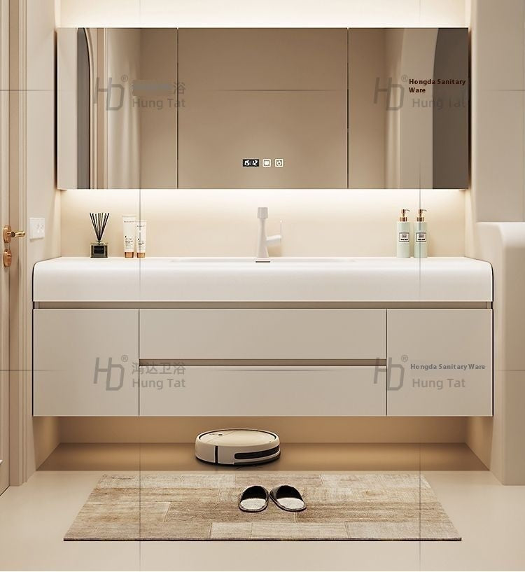 QW- Cream Color Storage Smart Glass Cabinet Bathroom Stone Basin