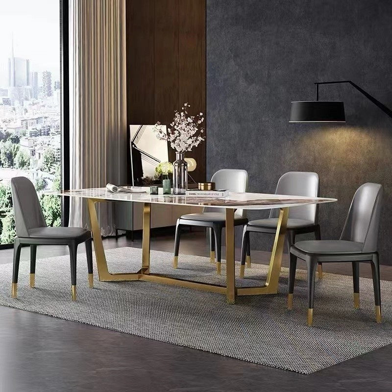 Modern compact square dining table, gold base, stainless steel, marble surface, Nordic style, sturdy and durable.