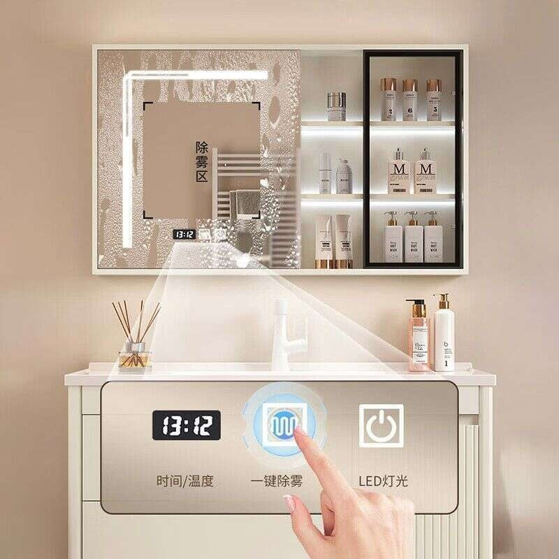 QW- Bathroom storage with oak wood gloss finish, smart mirror cabinet in the bathroom, bathroom sink set