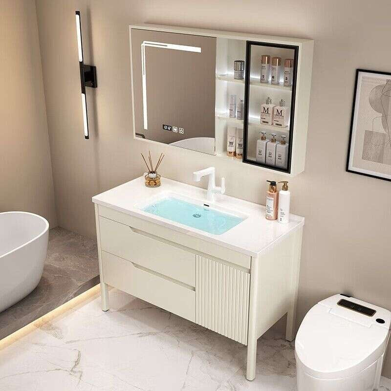 QW- Bathroom storage with oak wood gloss finish, smart mirror cabinet in the bathroom, bathroom sink set