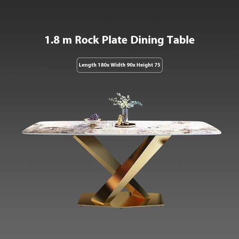 Italian dining table, luxurious, smooth surface, small artificial stone slab. Suitable for condos, stainless steel base, durable, modern.