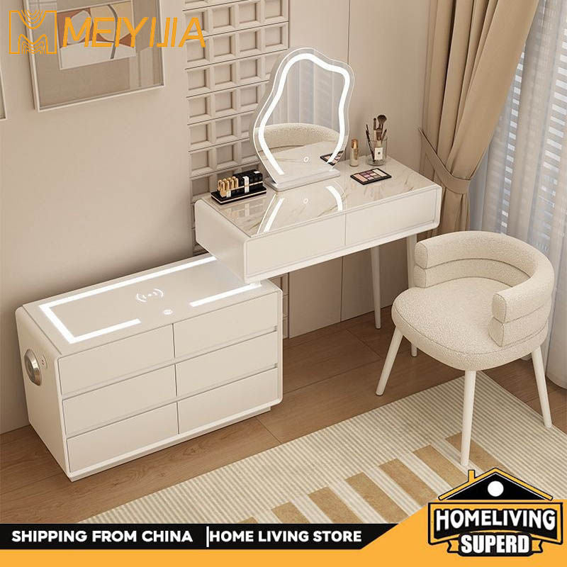 Cream Wind Bedroom Cabinet Drawer Solid Wood Stone Plate Smart Modern Simple Dressing Table Set