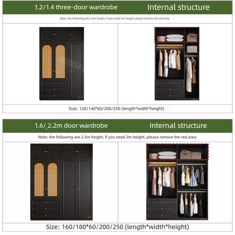 Black Real Wood Wardrobe with Rattan Doors for Home Bedroom small apartment American and French styles