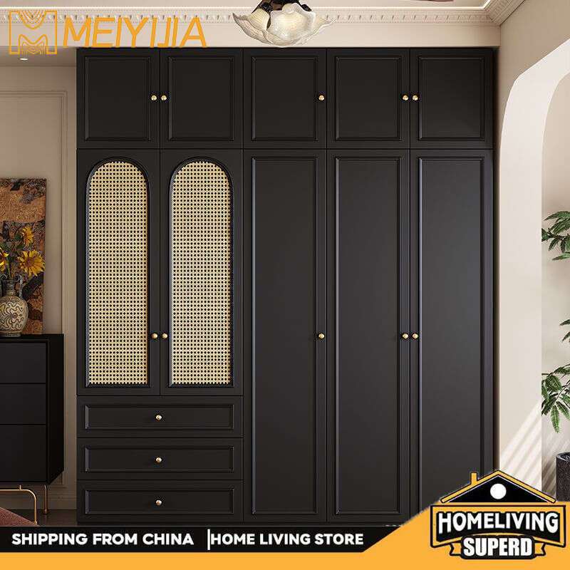 Black Real Wood Wardrobe with Rattan Doors for Home Bedroom small apartment American and French styles